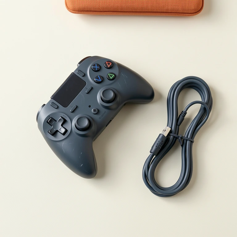 De achterkant van een losse gamecontroller met een opgerolde kabel