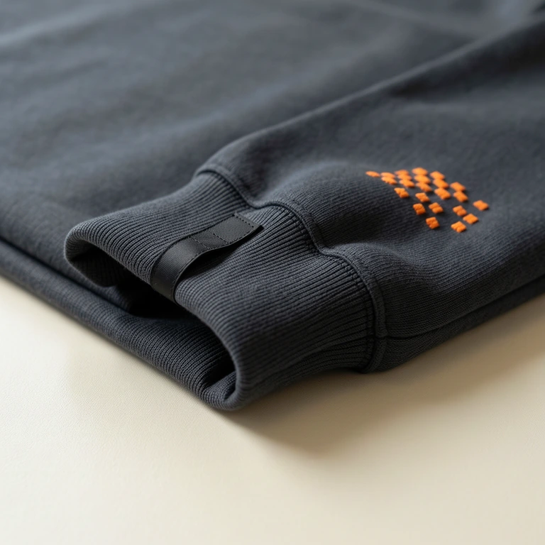 Een gevouwen sweatshirt met een stoffen onderhoudslabel en klein borduurdetail