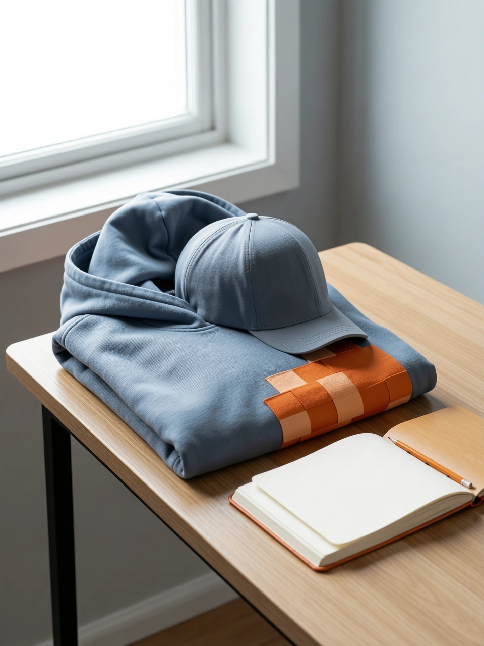 Een gevouwen hoodie en pet naast een open notitieboek op een werktafel