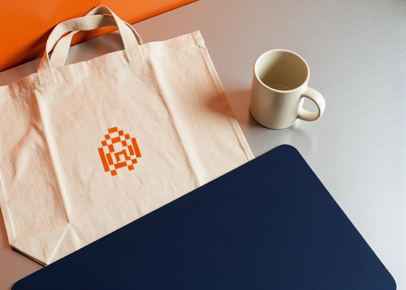 Voorbeelden van een katoenen tas, een mok en een brede muismat op een tafel