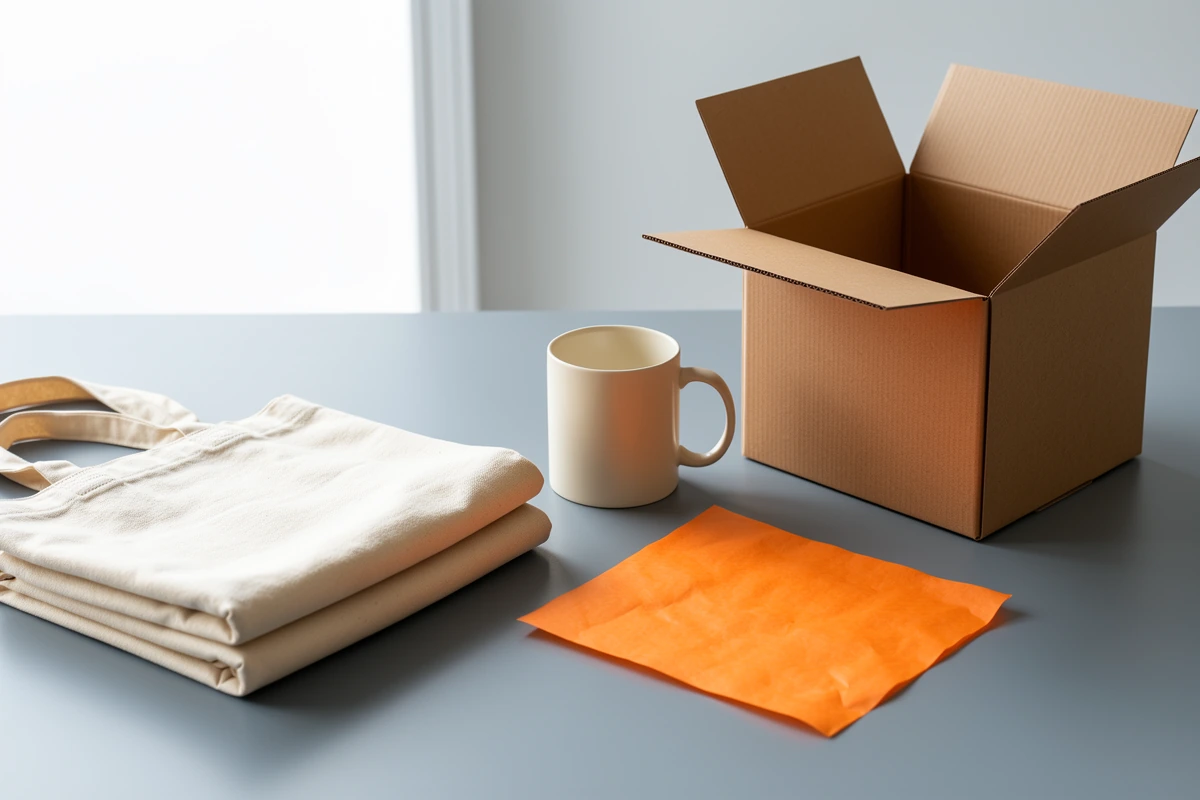 Een mok, katoenen tas, open doos en verpakkingspapier op een werktafel